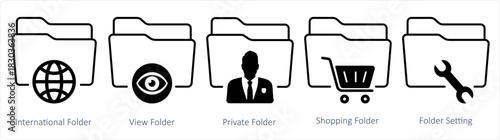 A set of 5 document icons as international folder, view folder, private folder