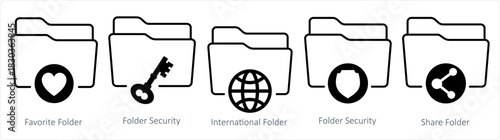 A set of 5 document icons as favorite folder, folder security, international folder