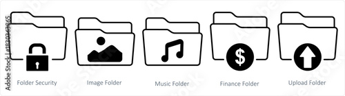 A set of 5 document icons as folder security, image folder, music folder