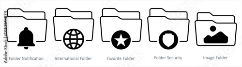 A set of 5 document icons as folder notification, international folder, favorite folder
