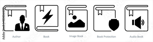 A set of 5 document icons as author, book, image book