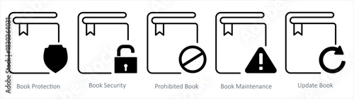 A set of 5 document icons as book protection, book security, prohibited book