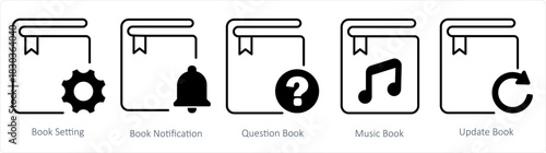A set of 5 document icons as book setting, book notification, question book