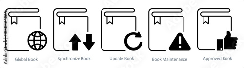 A set of 5 document icons as global book, synchronize book, update book