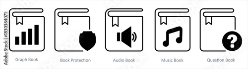 A set of 5 document icons as graph book, book protection, audio book