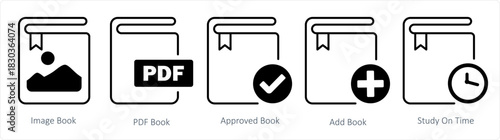 A set of 5 document icons as image book, pdf book, approved book