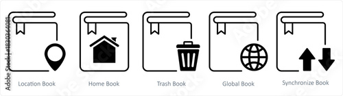 A set of 5 document icons as location book, home book, trash book
