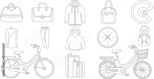 Outline icons for travel, fashion, and transportation, including bags, clothing, suitcases, bikes, and navigation. Vector