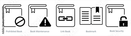 A set of 5 document icons as prohibited book, book maintenance, link book