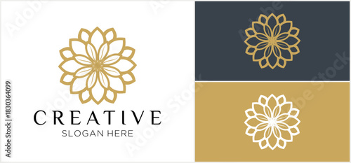 A creative logo template featuring a golden symmetrical flower or mandala design, shown in multiple color variations for branding.