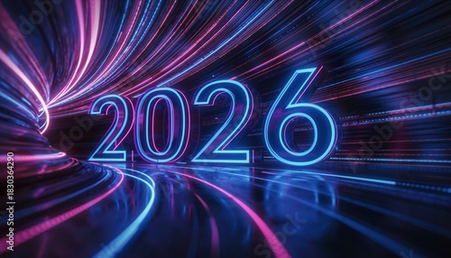 Glowing 2026 numbers emerging in a vibrant futuristic tunnel with dynamic neon light trails, concept for technology, innovation, and future planning.
