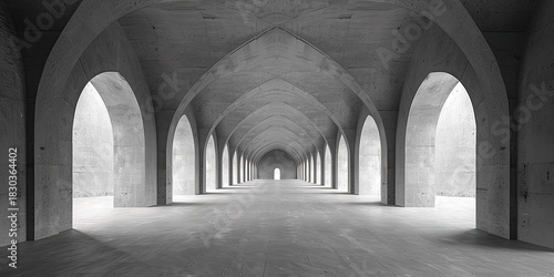 Dramatic concrete arches create stunning perspective, offering unique architectural design