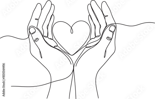 Continuous line art drawing of two human hands gently holding and protecting a heart shape, symbolizing love and care. Vector