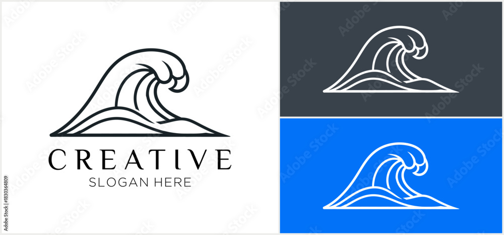 Fototapeta premium A graphic design showcasing a stylized ocean wave logo in black outline on white, with two white outline variations on dark grey and blue backgrounds.