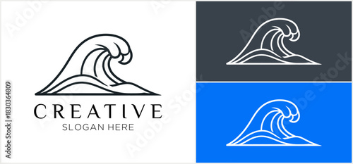 A graphic design showcasing a stylized ocean wave logo in black outline on white, with two white outline variations on dark grey and blue backgrounds.