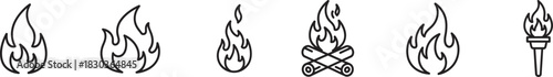 Collection of outline fire and flame vector icons, featuring a burning bonfire and an olympic torch on white Vector