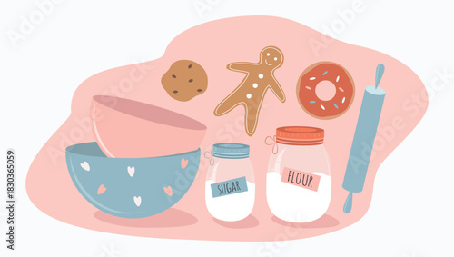 vector illustration in a flat style - a set of pictures on the theme of baking.  flour, products and tools for baking