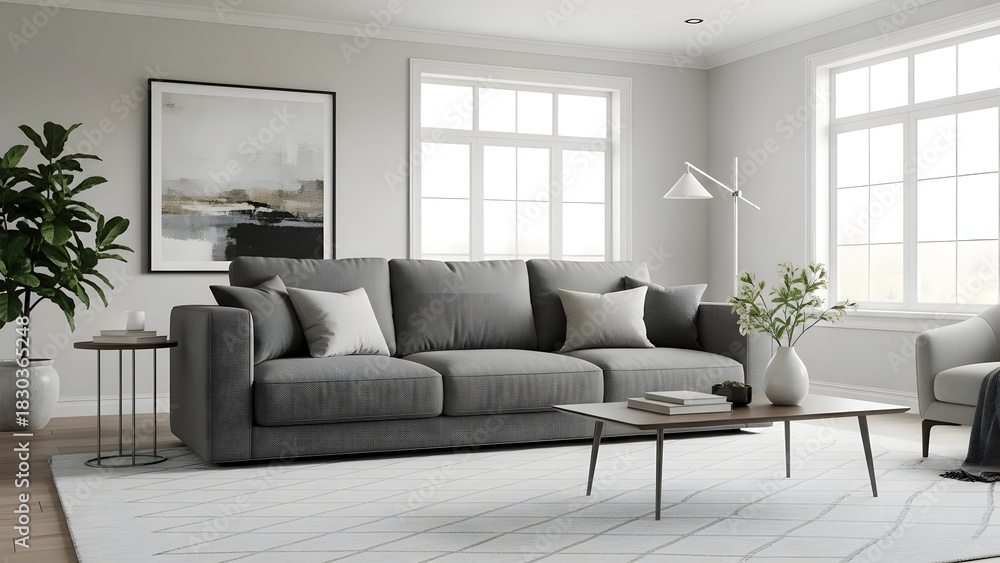 Fototapeta premium Modern Gray Fabric Sofa in Bright Minimalist Living Room Interior