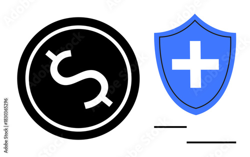 Black coin with dollar sign next to blue shield with cross, symbolizing safety, health, and financial wellbeing. Ideal for finance, insurance, healthcare, savings, protection budgeting simple flat