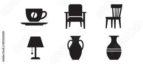 Furniture Icon Set Interior Object Vector Illustration Isolated on White Background with Cup and Chairs