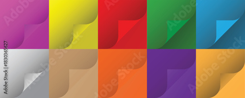 Color Paper Curl Set Vector Illustration Isolated on White Background with Rainbow Gradient and Shadow