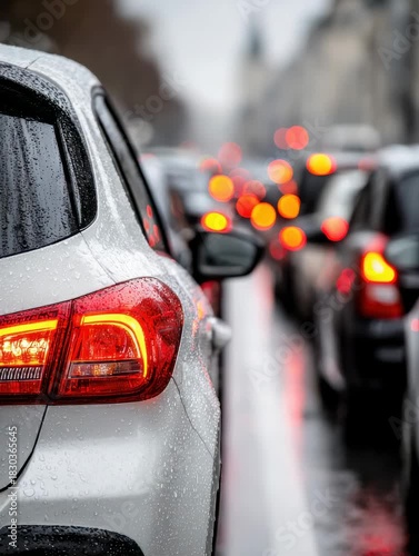Traffic jam during rainy weather in the city with cars and red brake lights visible