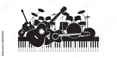 Musical Instruments Illustration with Guitars Drums and Piano Vector Design