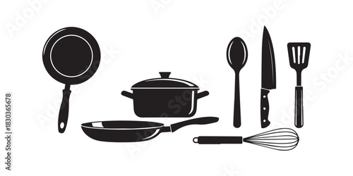 Variety of Cooking Tools with Pan Pot Spoon Whisk and Spatula Illustration Vector