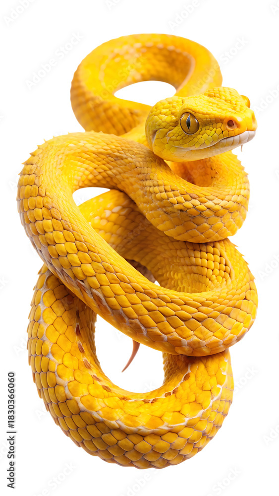 Obraz premium Vibrant yellow viper coiled in intricate pattern, displaying detailed scales and piercing reptilian eyes. a striking close-up of a venomous serpent.
