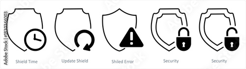 A set of 5 internet icons as shield time, update shield, shield error