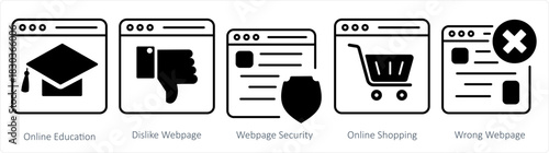 A set of 5 internet icons as online education, dislike webpage, webpage security
