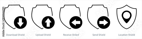 A set of 5 internet icons as download shield, upload shield, received shield
