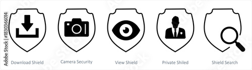 A set of 5 internet icons as download shield, camera security, view shield