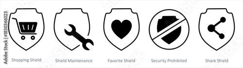 A set of 5 internet icons as shopping shield, shield maintenance, favorite shield