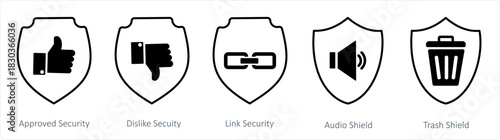 A set of 5 internet icons as approved security, dislike security, link security
