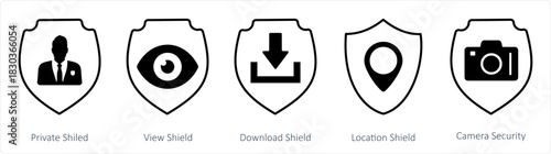 A set of 5 internet icons as private shield, view shield, download shield