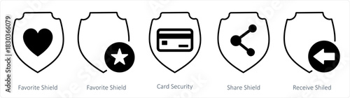 A set of 5 internet icons as favorite shield, card security, share shield