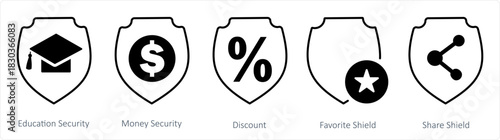 A set of 5 internet icons as education security, money security, discount