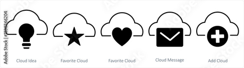 A set of 5 internet icons as cloud idea, favorite cloud, cloud message
