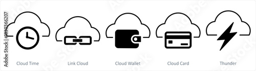 A set of 5 internet icons as cloud time, link cloud, cloud wallet