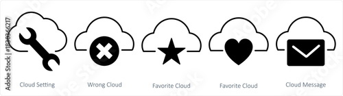 A set of 5 internet icons as cloud setting, wrong cloud, favorite cloud,