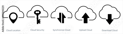A set of 5 internet icons as cloud location, cloud security, synchronize cloud