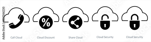 A set of 5 internet icons as call cloud, cloud discount,  share cloud