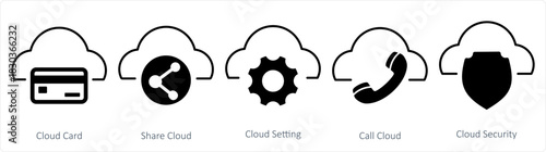 A set of 5 internet icons as cloud card, share cloud, cloud setting