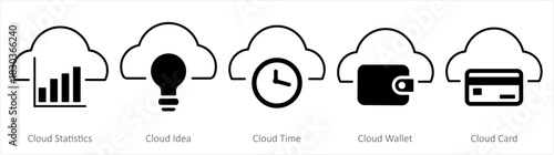 A set of 5 internet icons as cloud statistics, cloud idea, cloud time