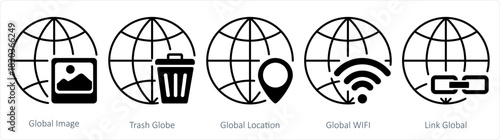 A set of 5 internet icons as global image, trash globe, global location