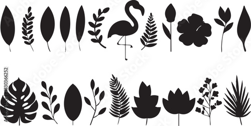 Tropical silhouette vector pack: flamingo, leaves, and floral elements eps