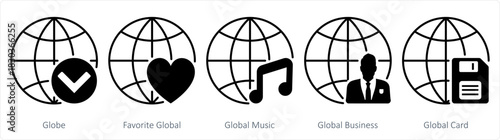A set of 5 internet icons as globe, favorite global, global music