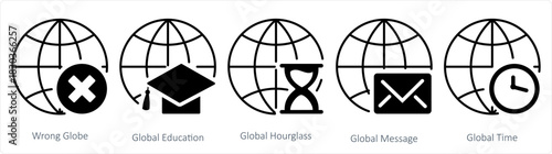 A set of 5 internet icons as wrong globe, global education, global hourglass