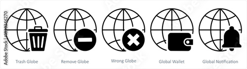 A set of 5 internet icons as trash globe, remove globe, wrong globe